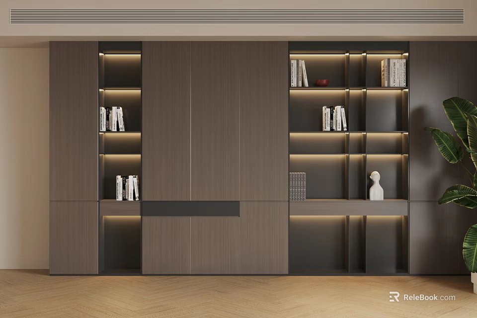 Modern Luxury Wooden Decorative Cabinet With LED Strip Lights Bookshelf And Ornaments 3d model 