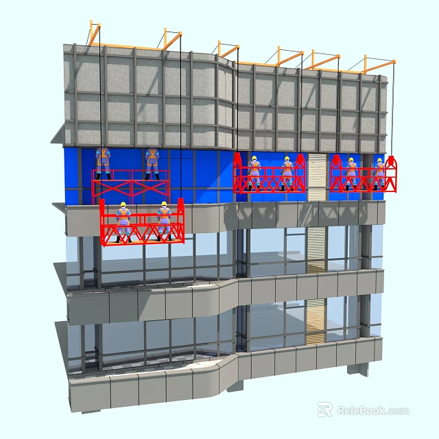 High Rise Building Facade Construction With Scaffolding Platforms And Workers 3d model