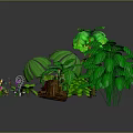 Cartoon Nature Scene Featuring Green Trees Various Leaves Colorful Flowers Small Plants And Wooden Stump