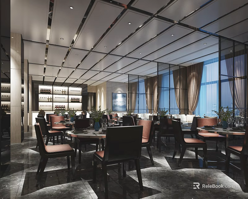 Elegant Modern Restaurant Interior With Large Windows Dining Tables Chairs And Wine Cabinet 3d model 