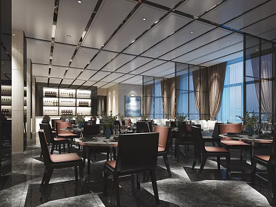 Elegant Modern Restaurant Interior With Large Windows Dining Tables Chairs And Wine Cabinet 3d model
