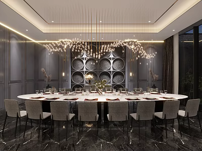 Luxurious Private Dining Room Interior With Round Table Gray Chairs Chandelier And Decorative Wall 3d model