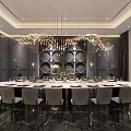 Luxurious Private Dining Room Interior With Round Table Gray Chairs Chandelier And Decorative Wall