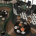 Elegant Restaurant Dining Area With Round Tables Pizza Tableware Curved Booths And Decorative Plants