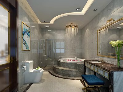 Elegant Modern Luxury Bathroom With Marble Decoration Round Jacuzzi And Gorgeous Crystal Chandelier Design 3d model