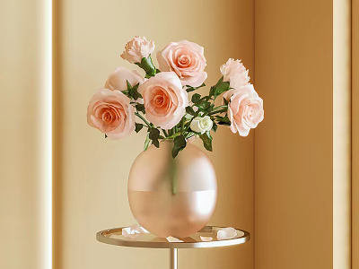 Light Pink Vase With Blooming Pink Roses On Metallic Table Against Beige Wall 3d model