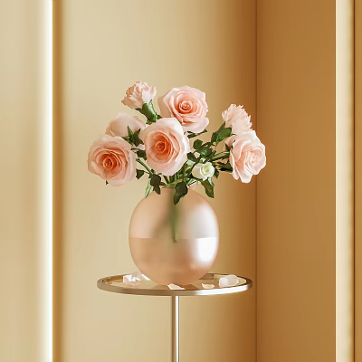 Light Pink Vase With Blooming Pink Roses On Metallic Table Against Beige Wall 3d model