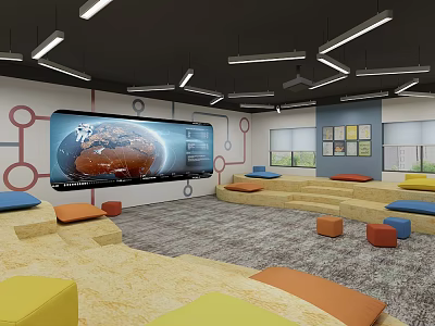 Modern School Learning Space With Large Interactive Screen And Colorful Seating Cushions 3d model