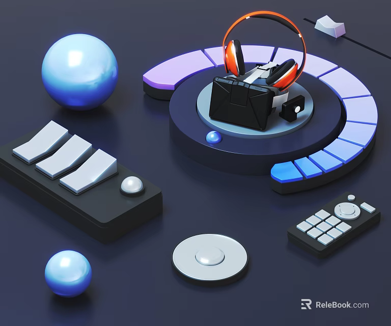 Decorative Ornament Set with Headphones VR Device Blue Spheres Control Panels and Illuminated Circular Platform 3d model 