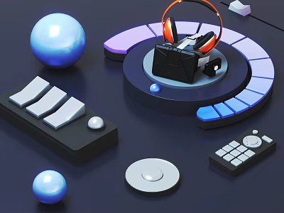 Decorative Ornament Set with Headphones VR Device Blue Spheres Control Panels and Illuminated Circular Platform 3d model