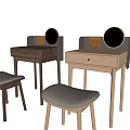 Two Wooden Dressing Tables With Round Mirrors And Upholstered Stools 3d model