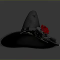 Black Witch Hat with Red Rose Gray Bow Pearl Strings and White Lace Trim