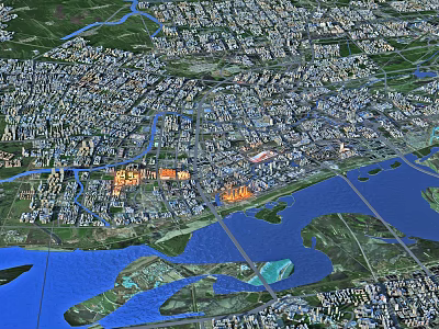 Detailed Aerial Planning of Urban City Layout With Buildings Roads and Water Bodies 3d model