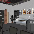 Modern Barbecue Restaurant Interior With Hanging Lights Wooden Tables And Green Plants