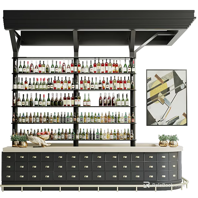 Bar Counter with Layered Liquor Shelves Filled with Wine Bottles Dark Drawers and Decorative Painting 3d model 