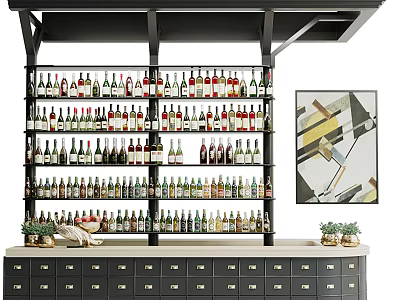 Bar Counter with Layered Liquor Shelves Filled with Wine Bottles Dark Drawers and Decorative Painting 3d model