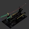 Traditional Swords With Green Scabbards And Golden Fittings On Black Stand