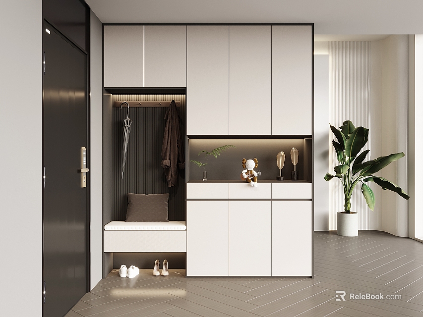 Modern White Shoe Cabinet With Hanging Hooks Bench Seat And Storage Compartments 3d model 