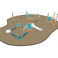 Outdoor Playground Equipment With Wooden Slides Swings Blue Climbing Frames And Sand Ground