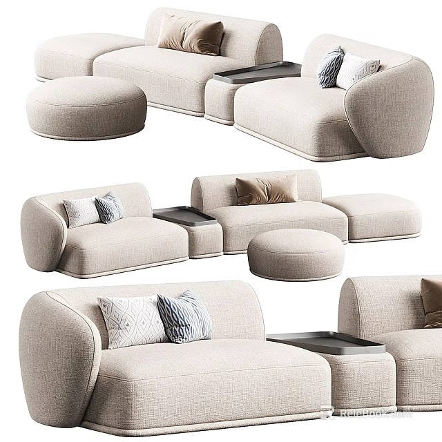 Modern Beige Fabric Sofa Set With Comfortable Pillows Ottoman And Side Table Modules 3d model