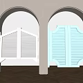 Arched Doorways With White And Light Blue Shutter Doors On Herringbone Wooden Floor