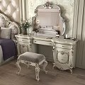 Classic Carved Dressing Table with Round Mirror and Padded Stool in Floral Wallpaper Bedroom