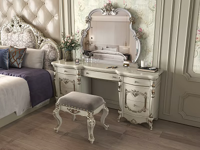 Classic Carved Dressing Table with Round Mirror and Padded Stool in Floral Wallpaper Bedroom 3d model