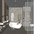 Modern Bathroom Interior Design With Glass Shower Free Standing Bathtub Wooden Vanity And Stone Wall