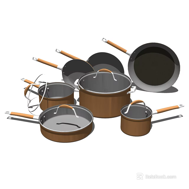 Assorted Kitchen Cookware Set With Wooden Handles Various Sizes Frying Pans And Sauce Pots 3d model 