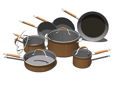 Assorted Kitchen Cookware Set With Wooden Handles Various Sizes Frying Pans And Sauce Pots 3d model