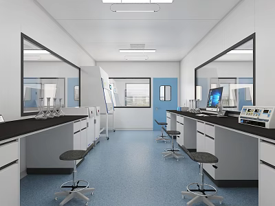 Modern Laboratory Interior Design With Lab Benches Stools Computers And Scientific Equipment 3d model