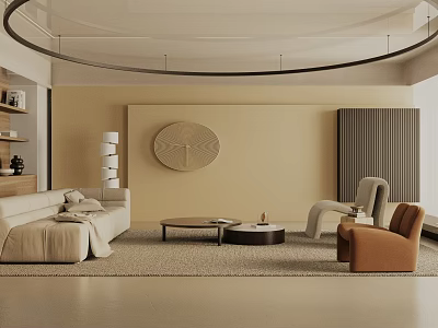 Modern Living Room Interior With Beige Walls Circular Decorative Art Sofa Coffee Tables And Armchairs 3d model