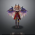 Anime Fantasy Character With Pink Twin Ponytails Horns Colorful Gradient Wings And Red White Outfit