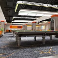 Modern Billiard Room With Black Eight Ball Pool Tables And Orange Seats