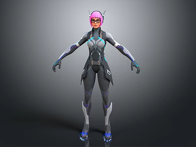 3D Sci Fi Female Character With Pink Hair Cat Ears And Black Blue Combat Suit 3d model