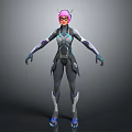 3D Sci Fi Female Character With Pink Hair Cat Ears And Black Blue Combat Suit