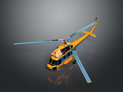 Orange Helicopter With Rotors Shiny Body And Windows On Gray Background 3d model