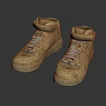 Worn High Top Beige Leather Shoes With White Laces On Dark Reflective Surface