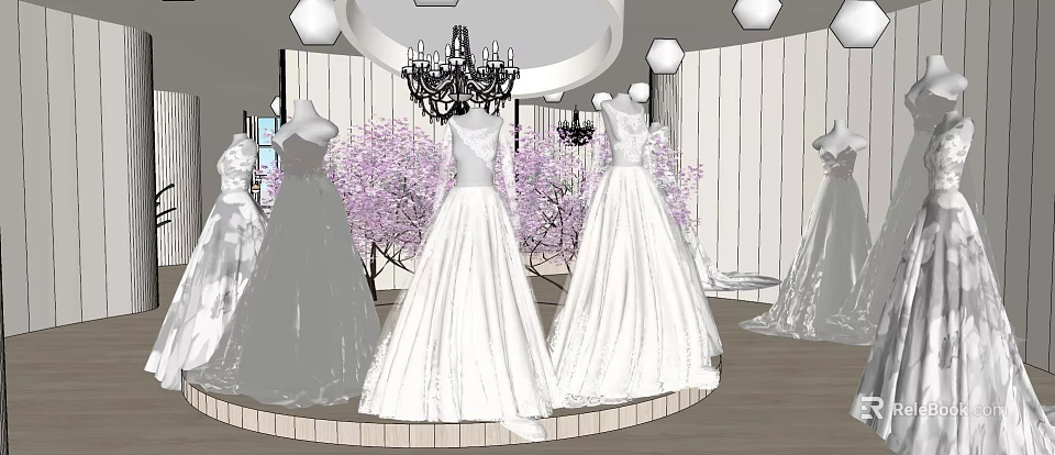 Elegant Bridal Shop In Mall Featuring Wedding Dresses Cherry Blossom Trees And Chandeliers 3d model 