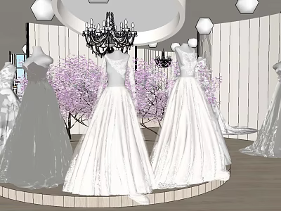 Elegant Bridal Shop In Mall Featuring Wedding Dresses Cherry Blossom Trees And Chandeliers 3d model