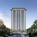 Tall Modern Residential Building With Windows Surrounded By Trees And Blue Sky