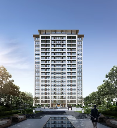 Tall Modern Residential Building With Windows Surrounded By Trees And Blue Sky 3d model