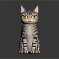 Detailed Realistic 3D Striped Cat Model in Sitting Posture with Yellow Eyes