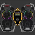 Modern Black And Yellow Electronic Speakers With Colorful Ring Lights And Central Control Panel