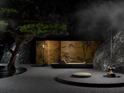 Serene Japanese Zen Garden With Pine Tree Mist Rocks And Stone Lantern Elements 3d model