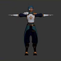 3D Character Model With Blue Hair And Armored Costume Standing Arms Outstretched