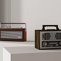 Decorative Ornament Set With Vintage Radios For Retro Style Home Display On White Platform
