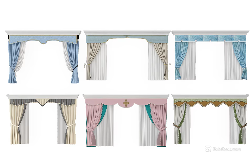 Various Stylish Curtains with Multiple Colors and Ornate Trims for Interior Decor 3d model 