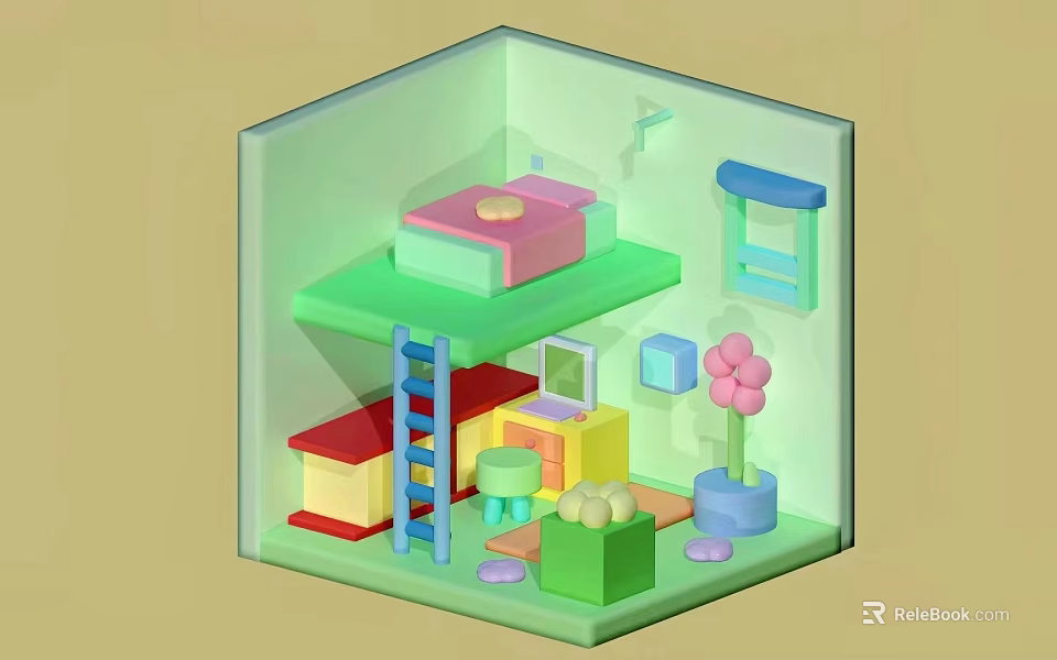 Cartoon Room Interior With Bunk Bed Ladder Blue Shelf Pink Flower And Colorful Blocks 3d model 