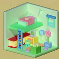 Cartoon Room Interior With Bunk Bed Ladder Blue Shelf Pink Flower And Colorful Blocks